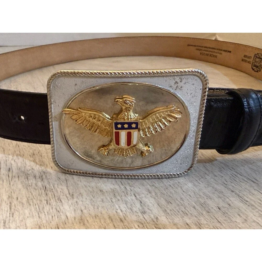 Vintage USA Eagle Belt Buckle Red White Blue Stars Shield Rope Edge Patriotic